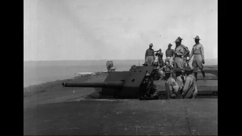 Coast Artillery Gun Fires At Target At Sea Stock Footage 94092653