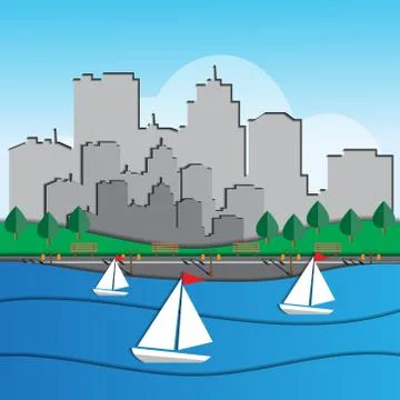The coast on the background of the city. Stock Illustration