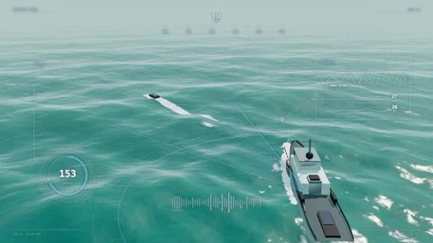 Coast guard cutter launching a boarding boat aerial shallow jade water track Stock Footage 343615558