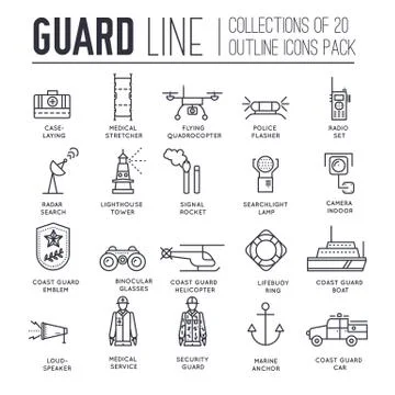 Coast guard day illustration vector outline icon set. Guarding the order 库存插图