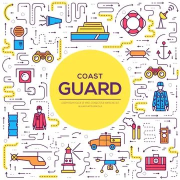 Coast guard day illustration vector outline icon set. Thin line guarding the 库存插图