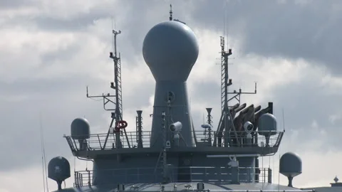 Coast guard deck, antenna equipment, and radar dome Video stock 342623689