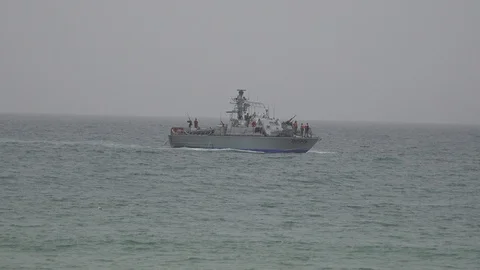 Coast Guard / Navy small ship prepare entering port Stock Footage 102437683