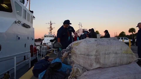 Coast Guard offloads illegal drugs cocaine seized in the Eastern Pacific. Stock Footage
