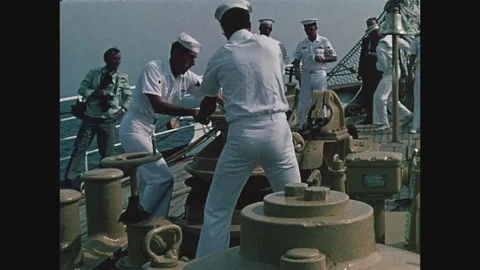 Coast Guard sailors working the deck of The Eagle in New York harbor, 1971 Stock Footage 82517003
