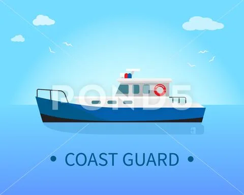 Coast Guard Ship in Blue Waters at Sunny Day Stock Illustration