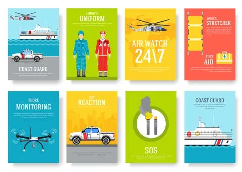 Coast guard thin line brochure cards set. Guarding traditional template of Illustrazione stock