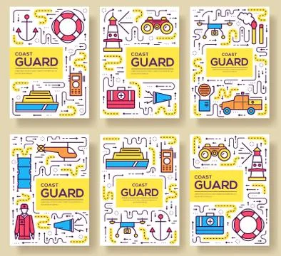 Coast guard vector brochure cards thin line set. Guarding the order template of 库存插图