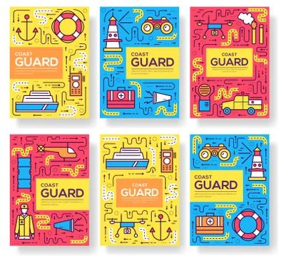 Coast guard vector brochure cards thin line set. Guarding the order template of 库存插图