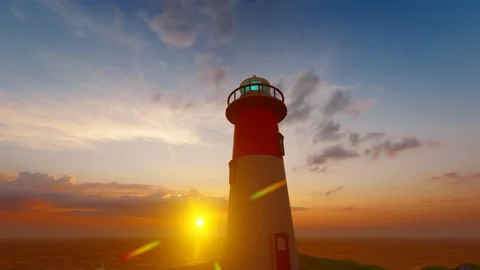 Coast lighthouse illuminated by dusk and sunset Stock Footage 265143740