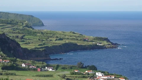 Coast line green pasture field faial azores portugal 4k Stock Footage