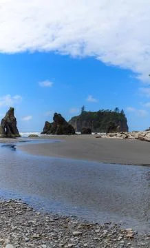 The coast of the Pacific Ocean, large cliffs and islands near the shore. Ol.. Stock Photos