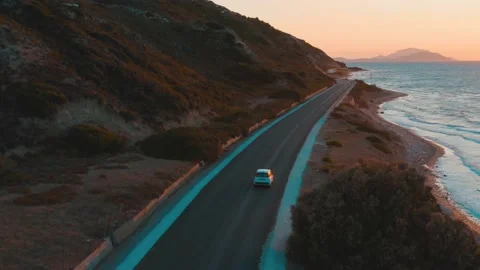Coast Road In Sunset Fire Light Drone Aerial Nature Wild Landscape Golden Hour Stock Footage 154521565