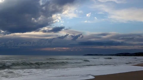 Coast of a sea and dramatic sky. Evening time. Stock Footage 148647132