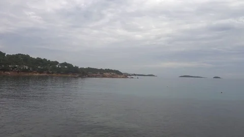 The coast in the sea of Santa Eulalia a cloudy day, Ibiza Stock Footage 102492564