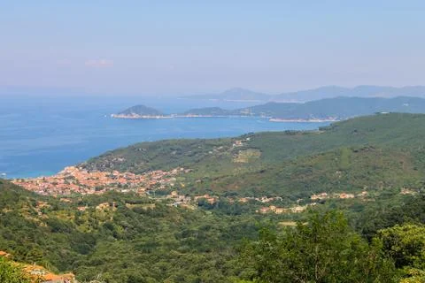Coast of Tyrrhenian Sea on Elba Island, Italy. Panorama of Marciana Marina. V Stock Photos