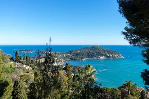 Coast view from the top between trees in the Mediterranean Stock Photos