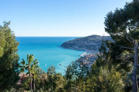 Coast view from the top between trees in the Mediterranean Stock Photos