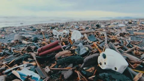 Coast of world's oceans is polluted by large plastic and polyethylene garbage Stock Footage 166773489