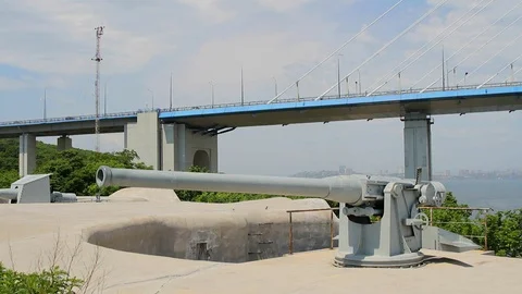 Coastal battery near the Russian bridge in summer day Stock Footage