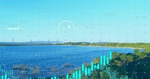 Coastal bay featuring data grid and teal charts in lagoon, with car icon and 库存照片