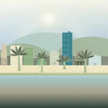 Coastal beach environment with daylight sky, coastal mountain ridge, and sparkli Stock Illustration