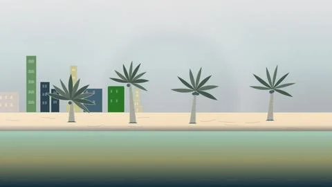 Coastal beach environment with overcast sky, coastal mountain ridge, and calm oc Stock Illustration