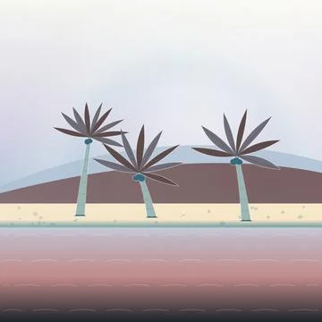 Coastal beach environment with radial light sky, coastal mountain ridge, and foa Stock Illustration