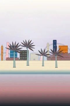 Coastal beach environment with soft glow sky, coastal mountain ridge, and right Stock Illustration