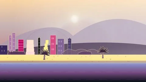 Coastal beach environment with sunset sky, coastal mountain ridge, and right dri Stock Illustration
