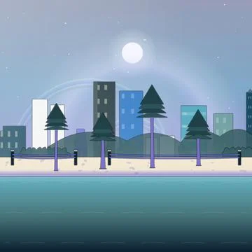 Coastal beach environment with twilight sky, coastal mountain ridge, and horizon Stock Illustration
