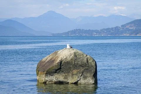 Coastal boulder with distant mountain backdrop Stock Photos