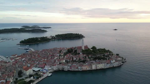 Coastal Charm: 4K Sunset Orbit from Sea to Rovinj Stock Footage 258370942