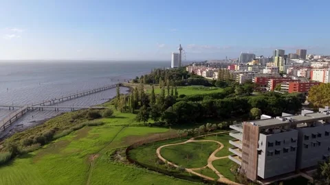 Coastal cityscape with grassy fields, tall trees, and waterfront promenade Video stock 346057416