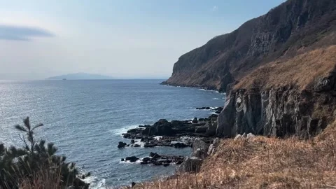 Coastal Cliff Cape View Water Rocks Sky Hokkaido Japan Stock Footage 346686331