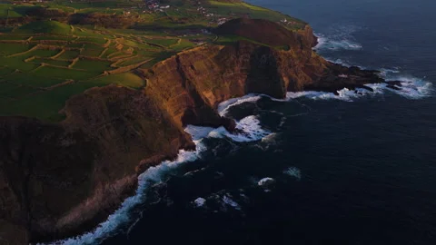 Coastal Cliffs and Patchwork Fields at Sunset - São Miguel Island - Azores - Stock Footage 339780767