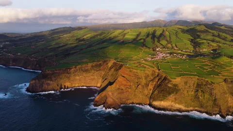 Coastal Cliffs And Patchwork Fields At Sunset In Sao Miguel Stock Footage 339816949