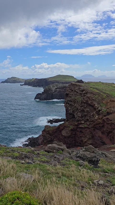 Coastal cliffs at Ponta de São Lourenço showcase Madeira’s raw volcanic beauty.  Stock Footage 310025548