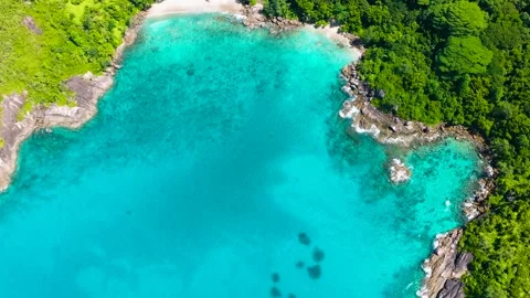 Coastal cliffs with turquoise waters and green hills. Seychelles, Mahe. Stock Footage 315371743