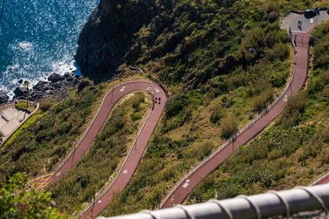 Coastal Cliffside Walking Path in Madeira Portugal Aerial View Fotos Stock
