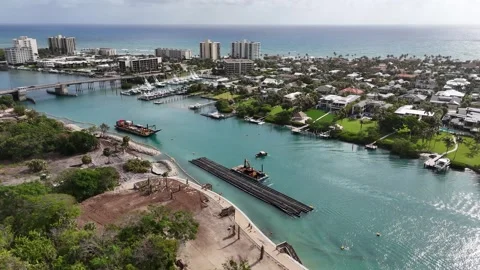 Coastal Construction and Dredging Work in Jupiter Florida Beach Aerial Stock Footage 332248997