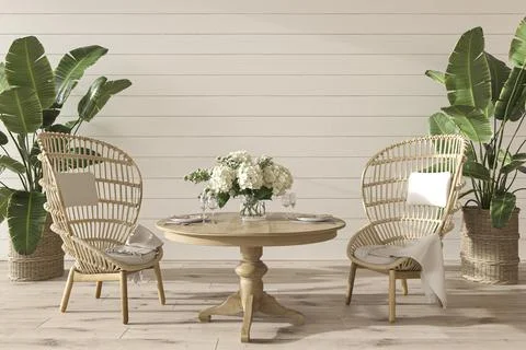 Coastal design dining room with table and wicker furniture. Mockup white wall in 스톡 일러스트