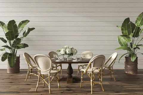 Coastal design dining room with table. Mock up white wall in cozy home interior Illustrazione stock