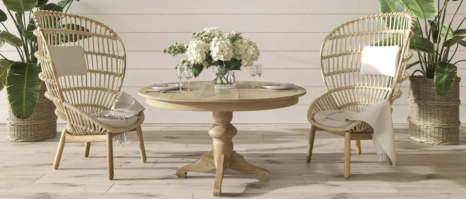 Coastal design dining room with table and wicker furniture. Cozy home interior Stock-Illustration