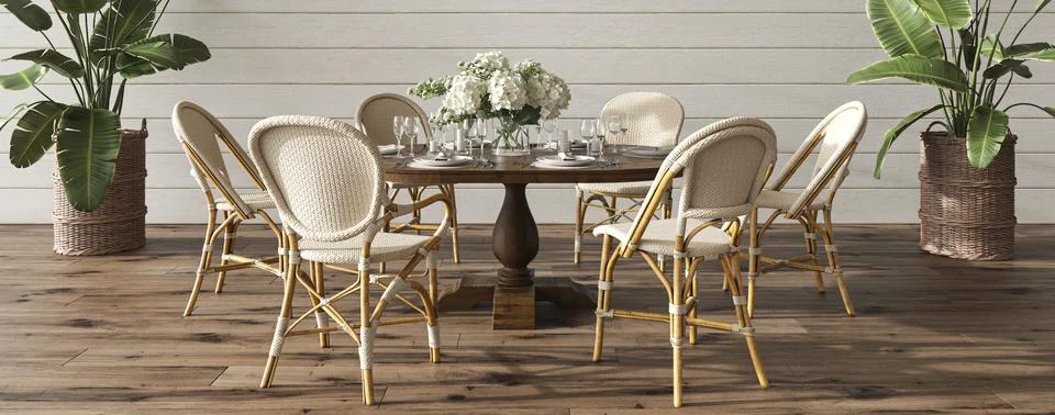 Coastal design dining room with table. Cozy home interior background. Hampton Illustrazione stock