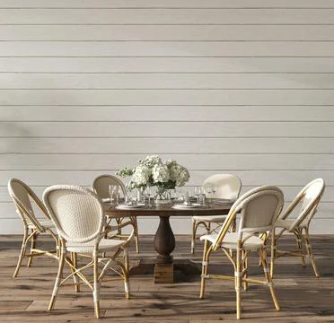 Coastal design dining room with table. Mock up white wall in cozy home interior Stock Illustration