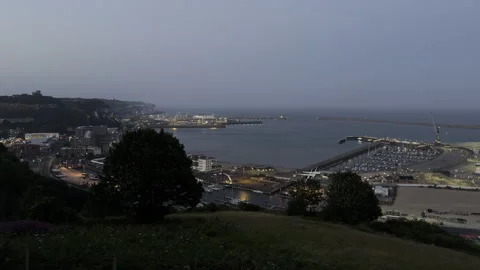 Coastal ferry terminal during twilight aerial Stock Footage 340193846