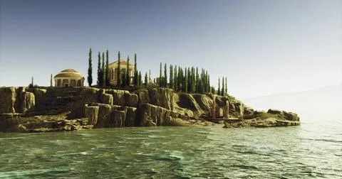Coastal landscape with ancient structures and cypress trees on a rocky shore Stock Illustration