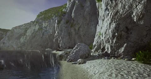 Coastal landscape featuring rocky cliffs and serene water during daylight Stock Illustration