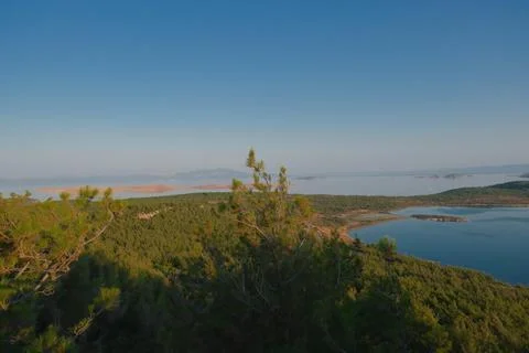 Coastal landscape with pine trees overlooking calm water and distant islands Stock-Fotos